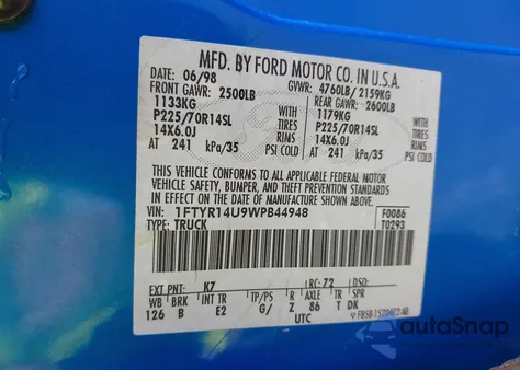1998 Ford Ranger Splash/Xl/Xlt z USA, uszkodzony, nr VIN 1FTYR14U9WPB44948
